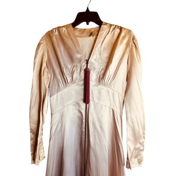 Vintage 30s Canterbury New York Champaign Satin Zip Dress Robe S/M - Picture 3 of 16